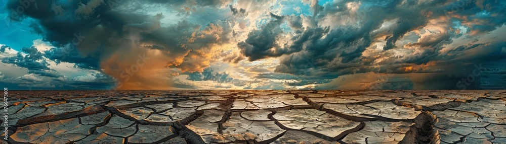 A Vast landscape of dried cracked earth under a dramatic cloudy sky - obrazy, fototapety, plakaty 