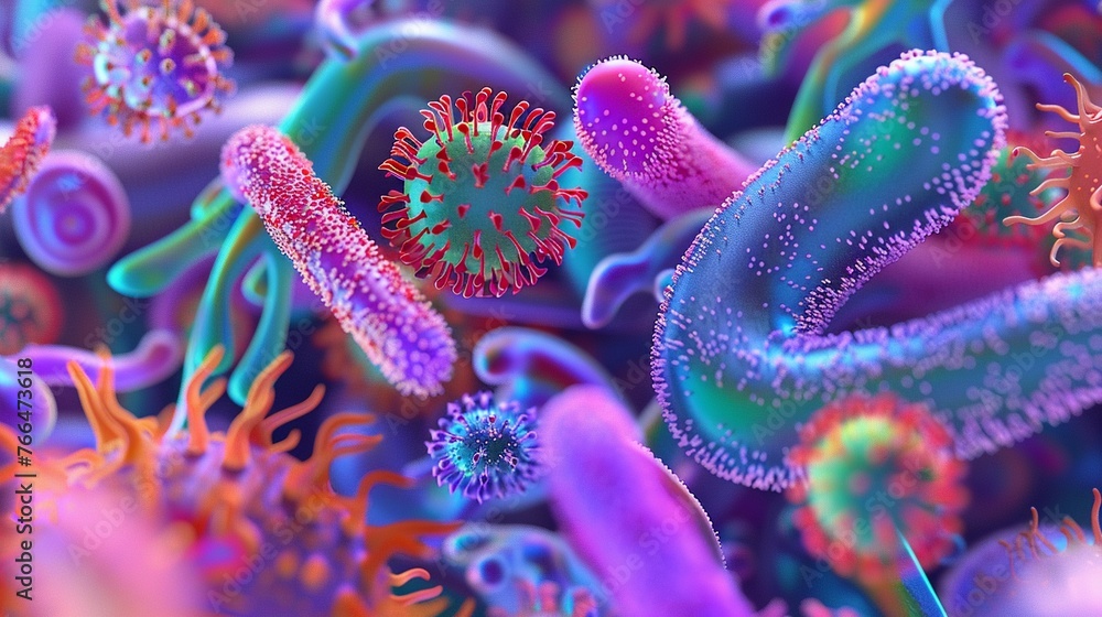 Fototapeta premium A vibrant 3D illustration showing a close-up view of bacteria and viruses in various shapes and colors.