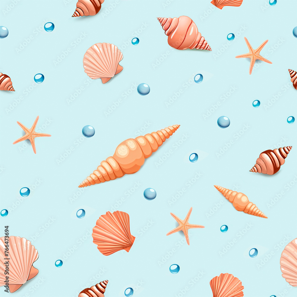 Marine seamless background with sea shells and stars