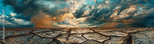 A Vast landscape of dried cracked earth under a dramatic cloudy sky photo
