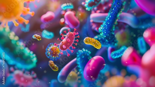 A vibrant 3D illustration showing a close-up view of bacteria and viruses in various shapes and colors.