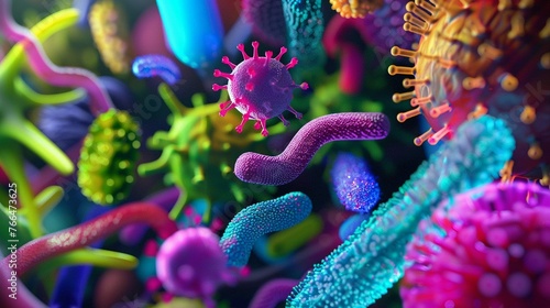 A vibrant 3D illustration showing a close-up view of bacteria and viruses in various shapes and colors. © Creative_Bringer