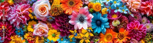 A vibrant and assorted collection of colorful flowers creating a beautiful pattern of flora. © Creative_Bringer