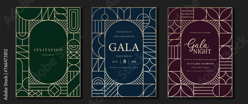 Luxury invitation card background vector. Elegant classic antique design, gold lines gradient on green, blue and brown background. Premium design illustration for gala card, grand opening, art deco.