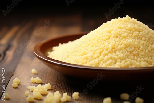 Delicious couscous on a porcelain platter against a whitewashed wood background