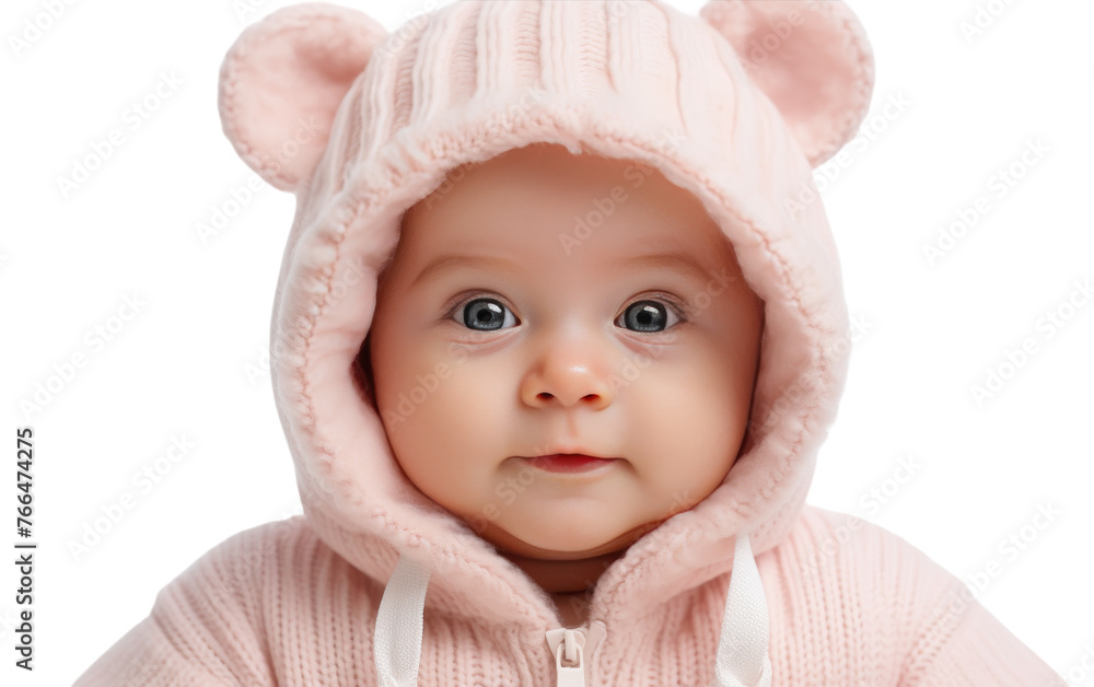 A baby wearing a pink bear hoodie with ears looking adorable and cozy A baby wearing a pink bear hoodie with ears looking adorable and cozy
