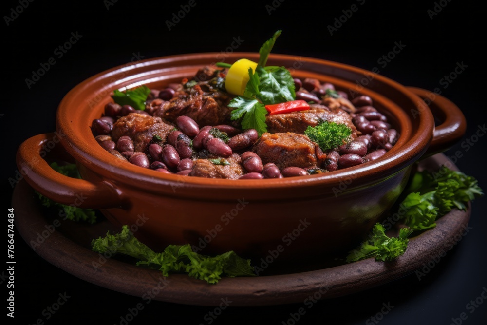 Tempting feijoada in a clay dish against a dark background Tempting feijoada in a clay dish against a dark background