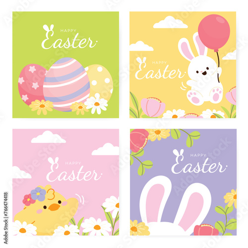 Happy Easter Day card background vector. Cute animal cover set of lovely white rabbit  easter eggs  bunny  flower  leaf  yellow chick. Spring holiday illustration for banner  greeting card  flyer.