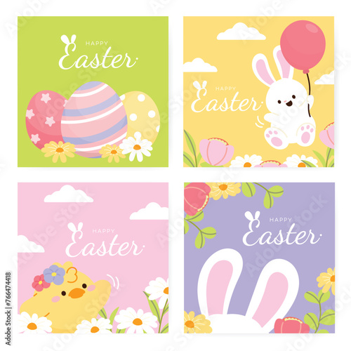 Happy Easter Day card background vector. Cute animal cover set of lovely white rabbit, easter eggs, bunny, flower, leaf, yellow chick. Spring holiday illustration for banner, greeting card, flyer.