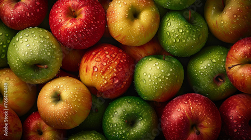 Red, green, and yellow apples glisten with water droplets.