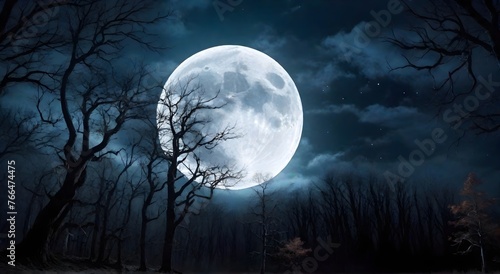 Full moon over dead trees in the forest at night. Halloween background © anamulhaqueanik