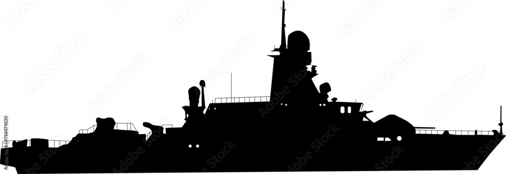 Silhouette on a white background of a ship military destroyer