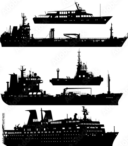 Set silhouette on a white background of a transport ship