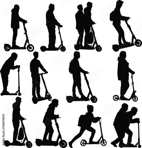 Set silhouette on a white background of a people on electric scooter
