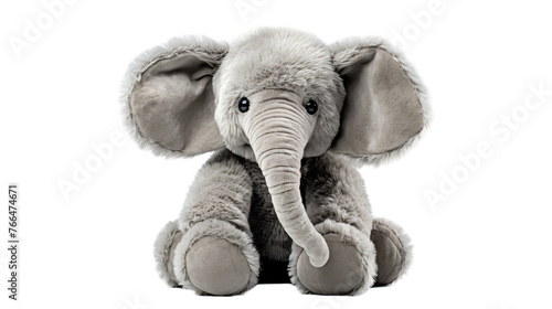 A whimsical scene featuring a plush elephant perched gracefully on a crisp white surface photo