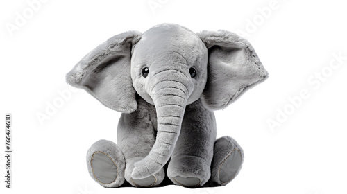 Stuffed elephant displaying regal stance on white floor photo