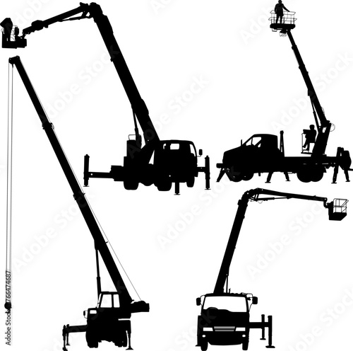 Set silhouette on a white background of aerial platform or crane on a vehicle