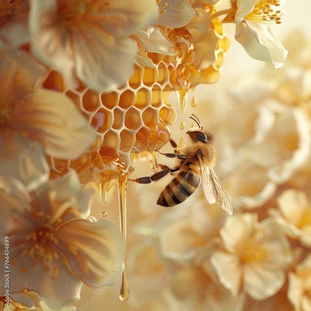 A closeup 3D rendering of a bee landing delicately on a dripping honeycomb amidst a floral background, highlighting the glossy texture of the honey , 3D illustration - obrazy, fototapety, plakaty 
