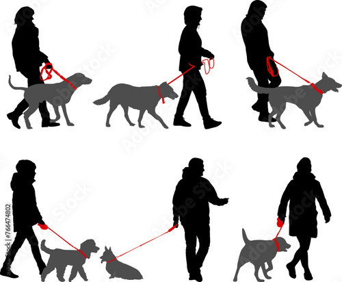 Set silhouette on a white background of a people with a dog for a walk