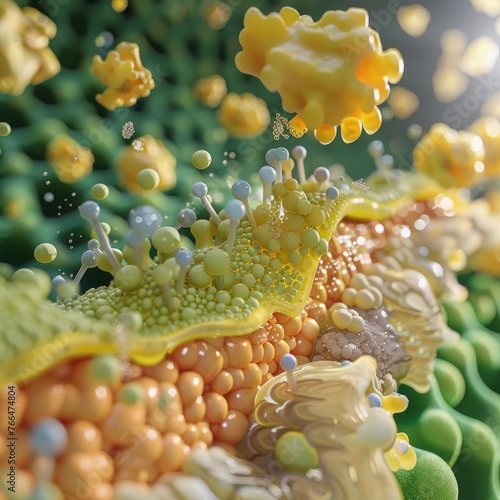 A 3D illustration showing the biochemical interaction at the molecular level between lecithin and skin cells, with emphasis on the exchange of fatty acids for cellular health , vibran