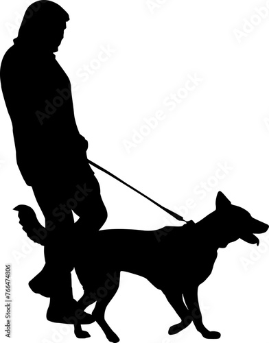Silhouette on a white background of a people with a dog for a walk
