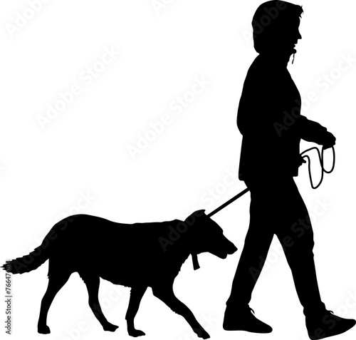 Silhouette on a white background of a people with a dog for a walk