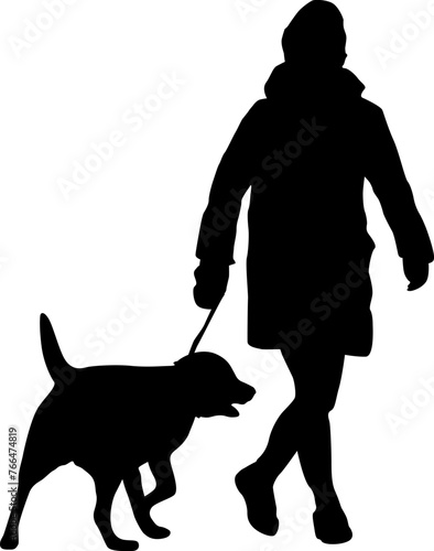 Silhouette on a white background of a people with a dog for a walk