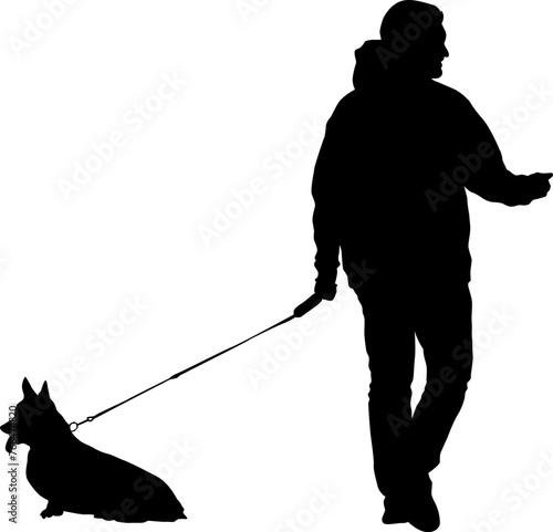 Silhouette on a white background of a people with a dog for a walk