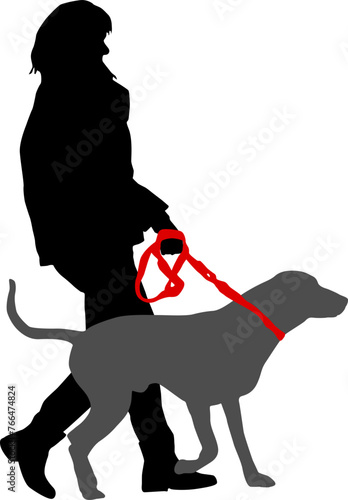 Silhouette on a white background of a people with a dog for a walk