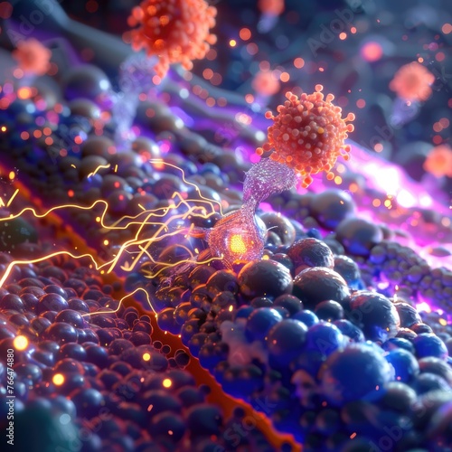 A 3D scene illustrating the moment of contact between lecithin molecules and skin cells, with electric sparks to represent the activation and enhancement of cell function , 3D illustration