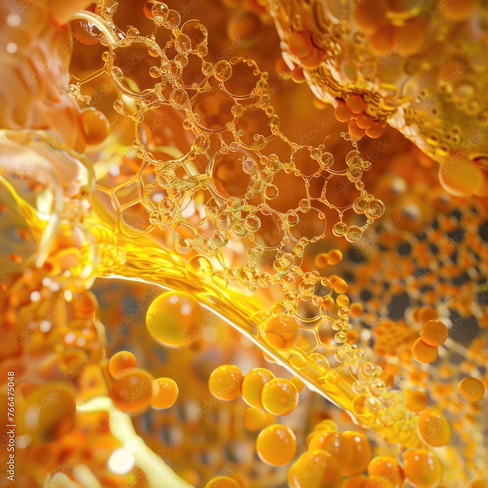 A 3D closeup view inside a skin pore, showing lecithin molecules bonding with the surrounding cells to strengthen the skins natural barrier , vibran
