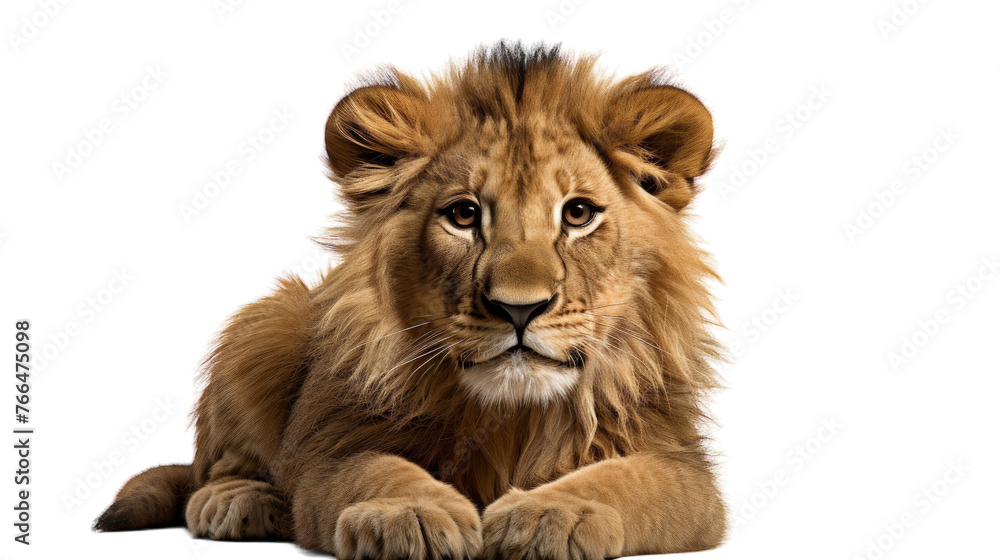 Close-up of a regal lion peacefully laying on the ground in its natural habitat Close-up of a regal lion peacefully laying on the ground in its natural habitat