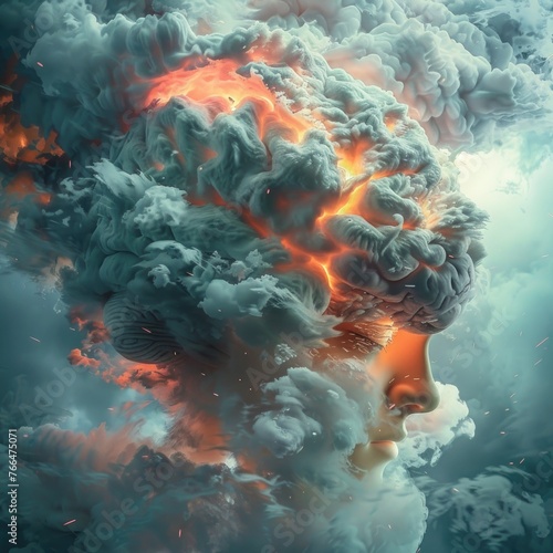 A 3D conceptual art piece portraying the silent battle within a brain during a stroke, using visual metaphors like storm clouds over areas representing speech and movement , 3D illustration