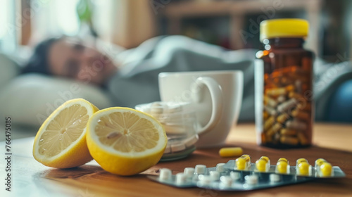A bottle of pills and a cup of tea with lemon slices are in the foreground, with a person sleeping in the background.