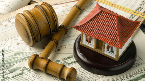 A serene, Asian-inspired miniature house beside a bamboo gavel, set on a background of traditional rice paper with Eastern legal manuscripts. photo