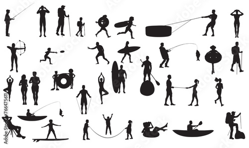 Silhouette of happy people enjoying summer vacation. 