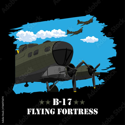 United States B-17 Flying Fortress World War 2 Heavy Bomber Vector Drawing Poster