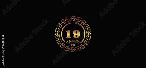 19st anniversary logo with ring and frame, gold color and black background