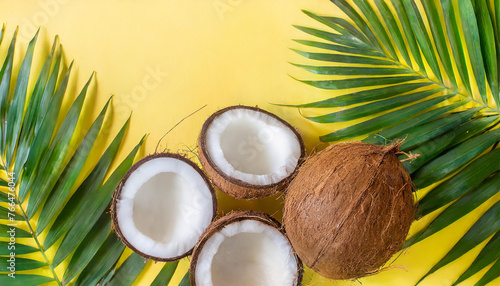 summer banner with coconuts on a light yellow background. Top view, flat lay with a big copy space.