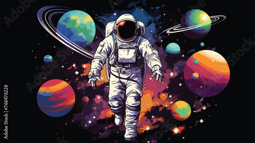 Watercolor astronaut in space surrounded by dark background