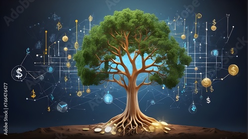 The idea behind fintech is like a tree with rising financial graphs and currency symbols for the stem and branches. photo