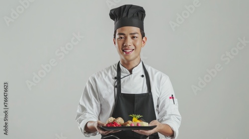 Happy Asian chef man holding plate with cooked steak and vegetables at restaurant kitchen © Denis