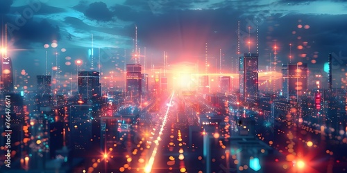 Evolution of Cybersecurity: A Futuristic Cityscape with Secure Data Towers and Encrypted Networks. Concept Cybersecurity Trends, Futuristic Technology, Secure Data Infrastructure, Encrypted Networks