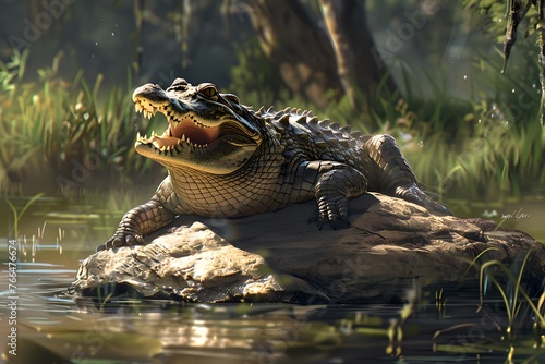 Realistic Alligator Basking on a Riverbank in the Sunlight. Wildlife Scene with Greenery. Vivid Detail Capture. Generative AI