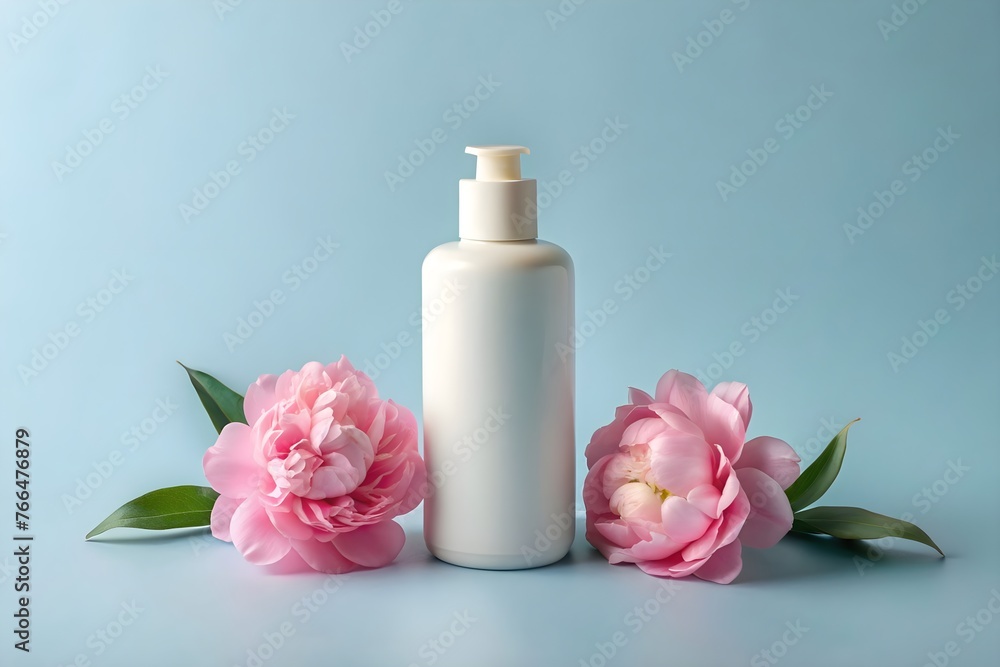 Mock up of natural, flower beauty product. White cosmetic bottle with two beautiful, pink peonies on a blue background with copy space Mock up of natural, flower beauty product. White cosmetic bottle with two beautiful, pink peonies on a blue background with copy space
