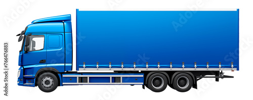 A blue truck isolated on a white or transparent background. Mockup, close-up of the truck, side view Transporting various goods. Graphic design element. photo