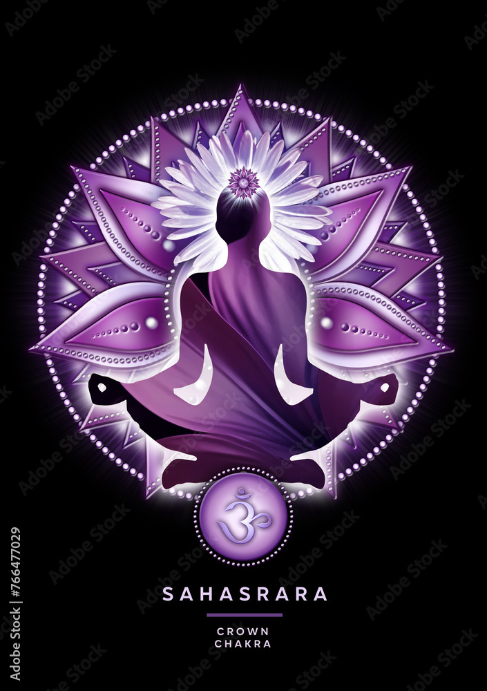 Fototapeta premium Crown chakra meditation in yoga lotus pose, in front of Sahasrara chakra symbol. Peaceful decor for meditation and chakra energy healing.