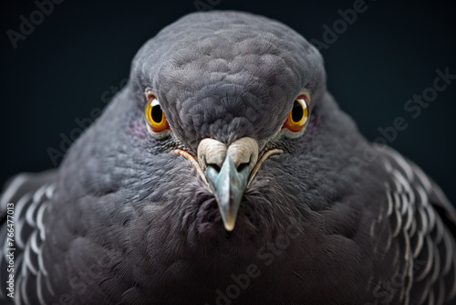 Macro portrait city gray pigeon, dark background