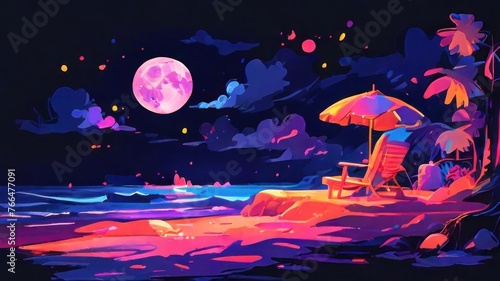 beach neon painting moon background