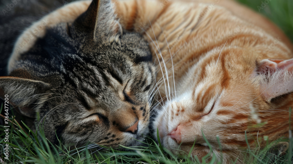 Two affectionate cats napping together in the grass, symbolizing friendship and peace. Two affectionate cats napping together in the grass, symbolizing friendship and peace.